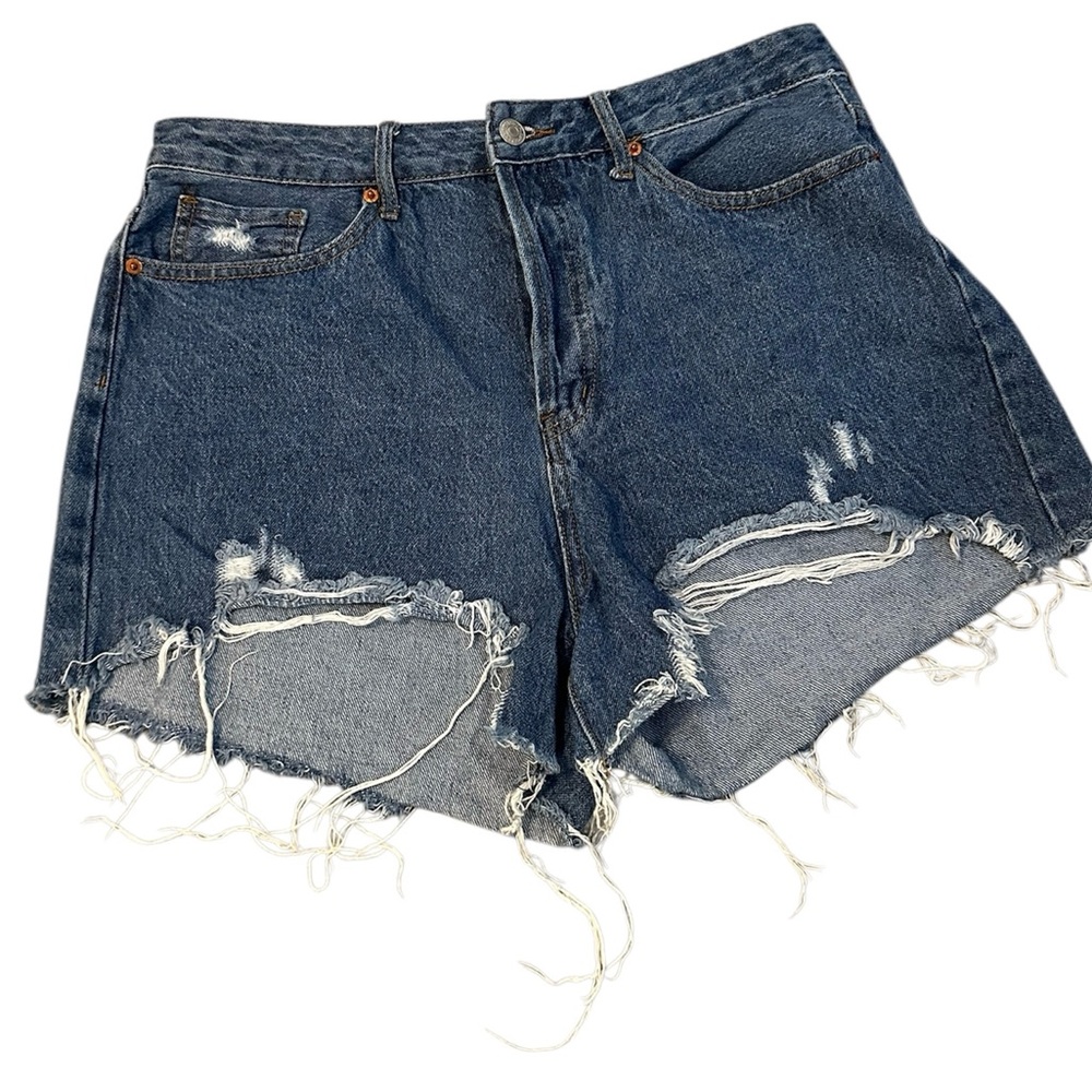 Blue Distressed Jean Shorts with Raw Hem